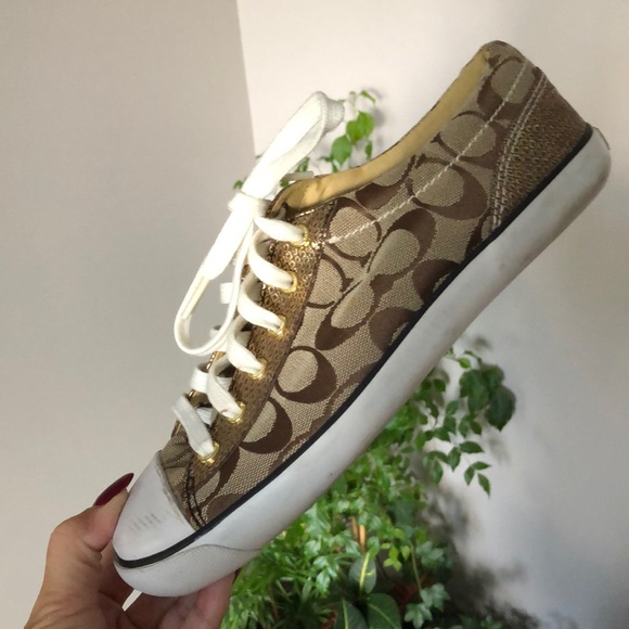 Coach Women's GEMA Sneakers Tennis Shoes Size 8.5BTan/Gold Low Top Lace-Up